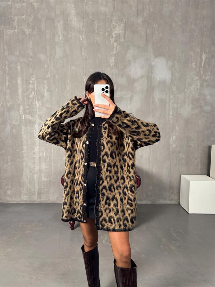 Wud Kahve Leopar Desenli Hırka