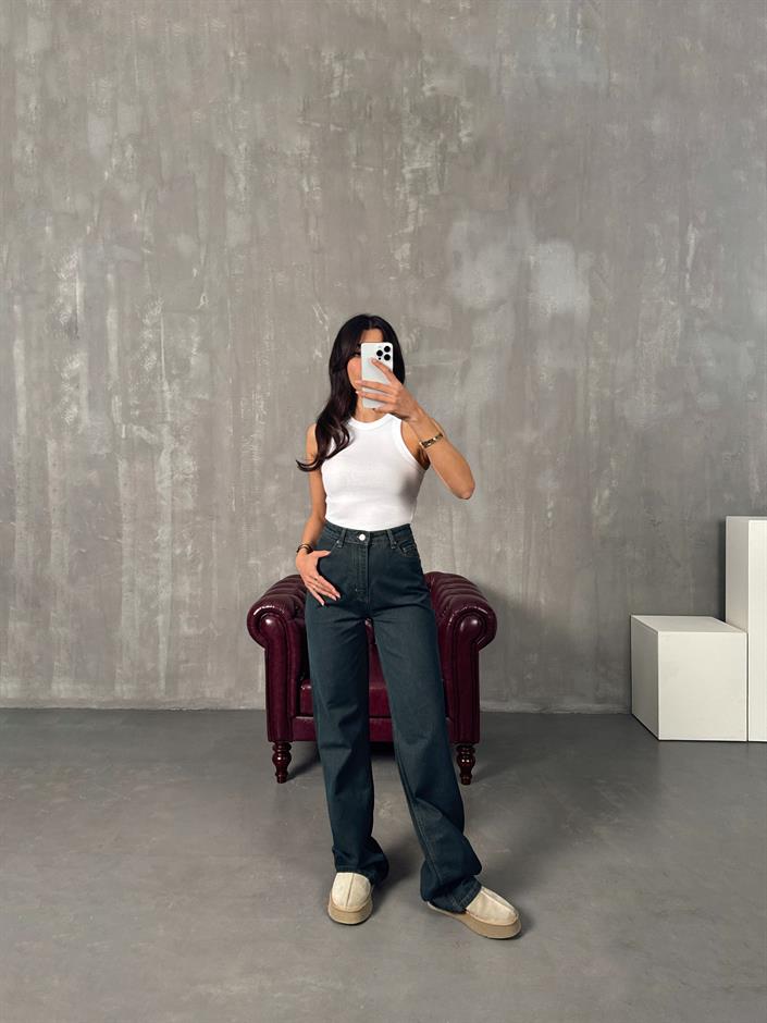 Chos Koyu Mavi Eskitme Wide Leg Jean