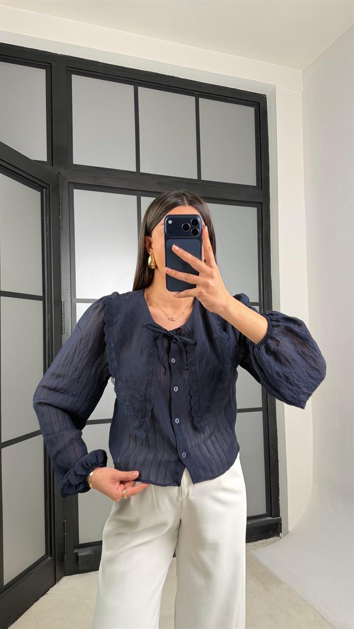 Lacivert Bebe Yaka Önü Bağlamalı Transparan Gömlek GAUS-01241