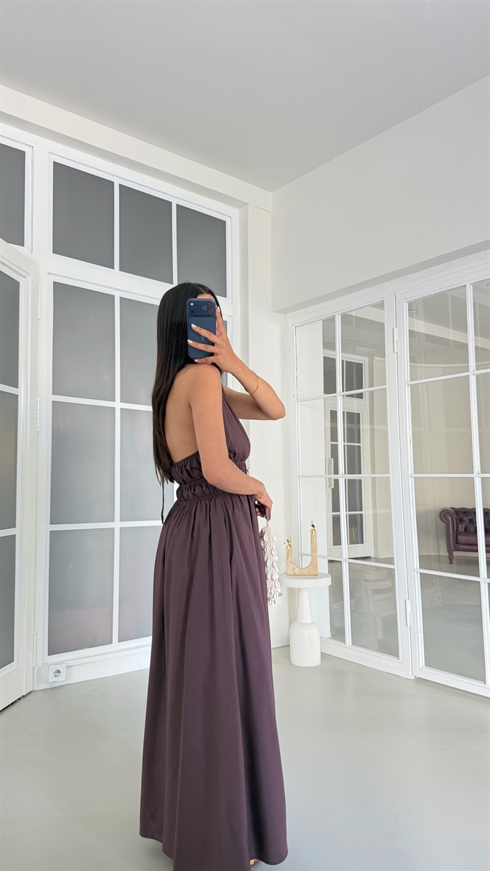 Mürdüm Boyundan Bağlamalı Beli Lastikli Toka Detaylı Cepli Tencel Elbise GAUS-01798
