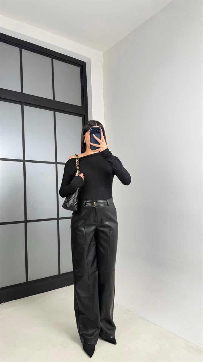 Siyah Geniş Paça Premium Deri Pantolon GAUS-00866