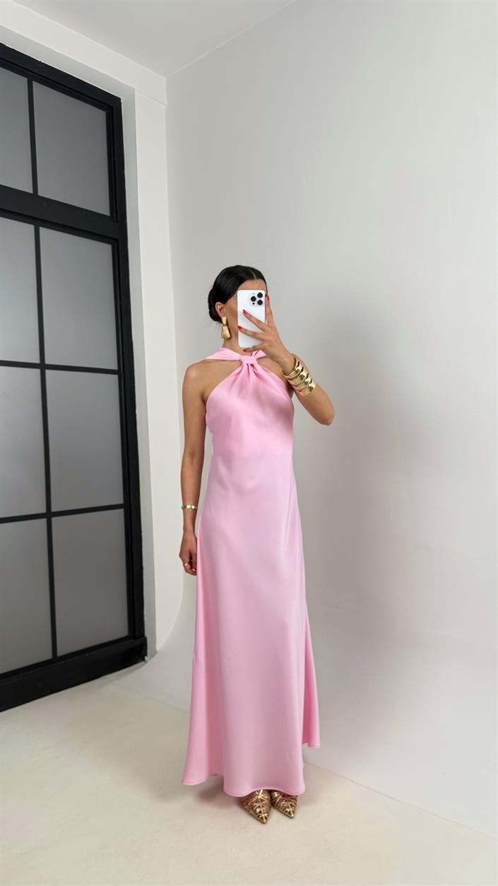 Pembe Bağlama Detaylı Saten Elbise Gaus00503