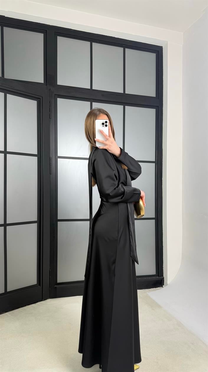 Siyah Şal Detaylı Tasarım Saten Elbise GAUS-01166