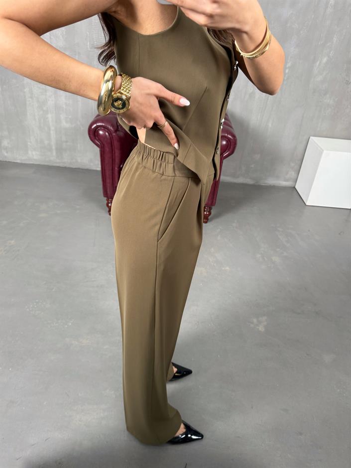 Diana Haki Fiyonk Düğmeli Astarlı Yelek Pantolon İkili Premium Takım