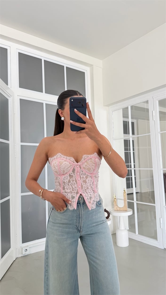 Pembe Dantelli Korse Bluz GAUS-01860