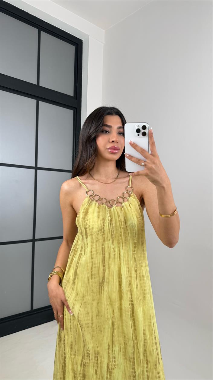 Sarı Askılı Gold Detaylı Astarlı Kırışık Kumaş Elbise Gaus00560