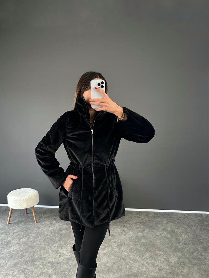 Rozy Siyah Fermuarlı  Astarlı Peluş Kürk Mont 