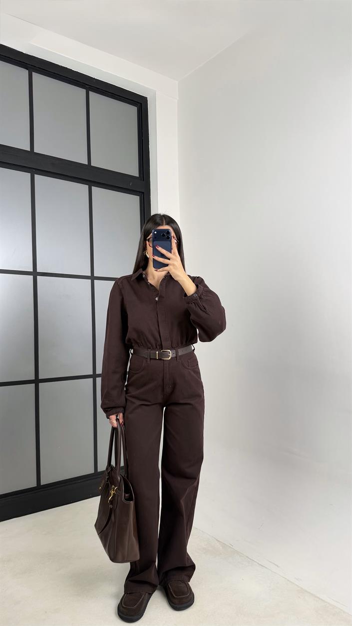 Kahve Kemerli Premium Denim Tulum GAUS-00739 GAUS-00673