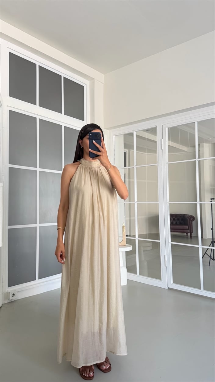 Taş Halter Yaka Dantel Detaylı Astarlı Elbise GAUS-01710