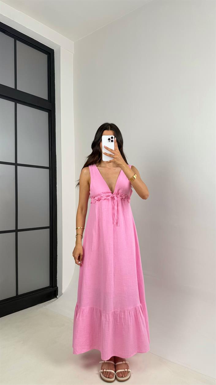 Pembe V Yaka Ayarlanabilir Lastikli Astarlı Müslin Elbise Gaus00680 