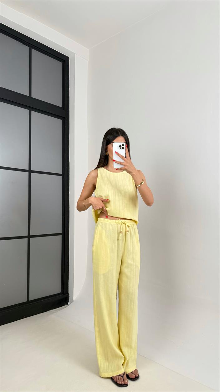 Sarı Sıfır Kol Bluz Beli Lastikli Pantolon Md Muadil Keten Takım Gaus00495 