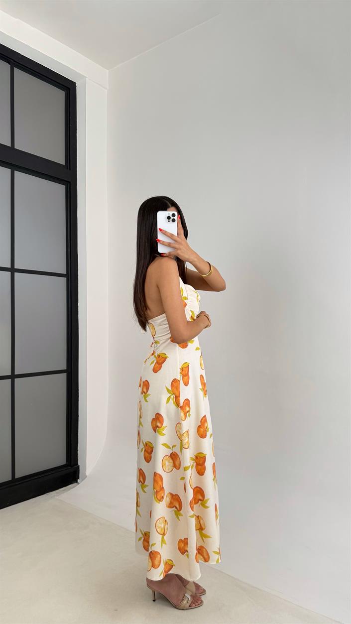 Taş Boyundan Bağlamalı Portakal Desenli Önü Düğmeli Astarlı Keten Elbise GAUS-0053