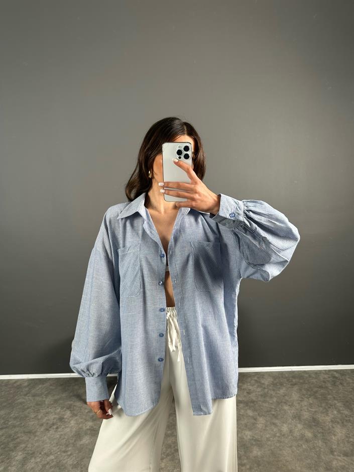 RY İnci Çizgili Oversize Gömlek 