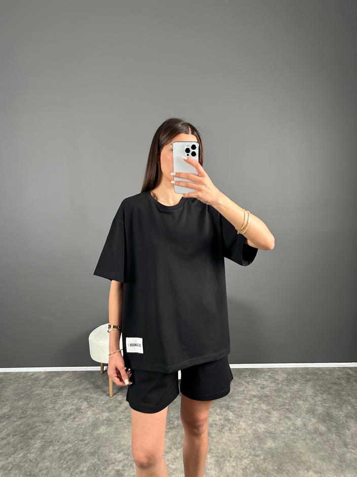 Siyah Premium Etiketli Oversize Şortlu İkili Takım