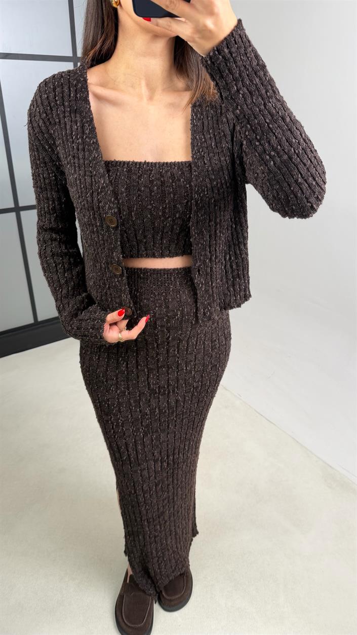 Acı Kahve Hırka Crop Beli Lastikli Yırtmaç Detaylı Etek Triko Takım GAUS-00969