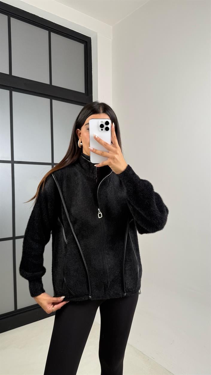 Siyah Deri Şeritli Dik Yaka Premium Ceket GAUS-00148