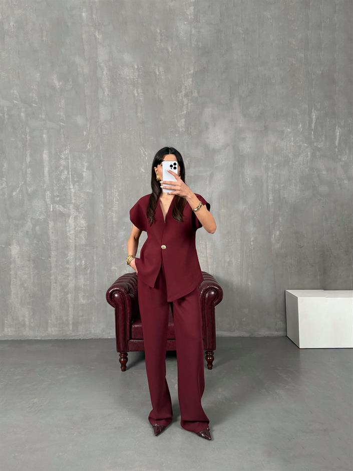 Jasmin Bordo Premium Asimetrik Yelekli Takım