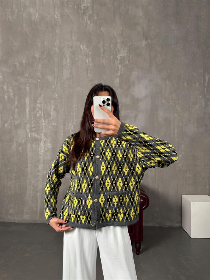 Garcia Gri Sarı Baklava Desenli Hırka