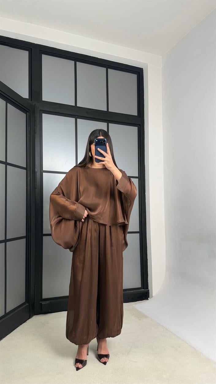 Kahve Transparan Pelerin Beli Lastikli Şalvar Pantolon Premium Tasarım Takım GAUS-01292