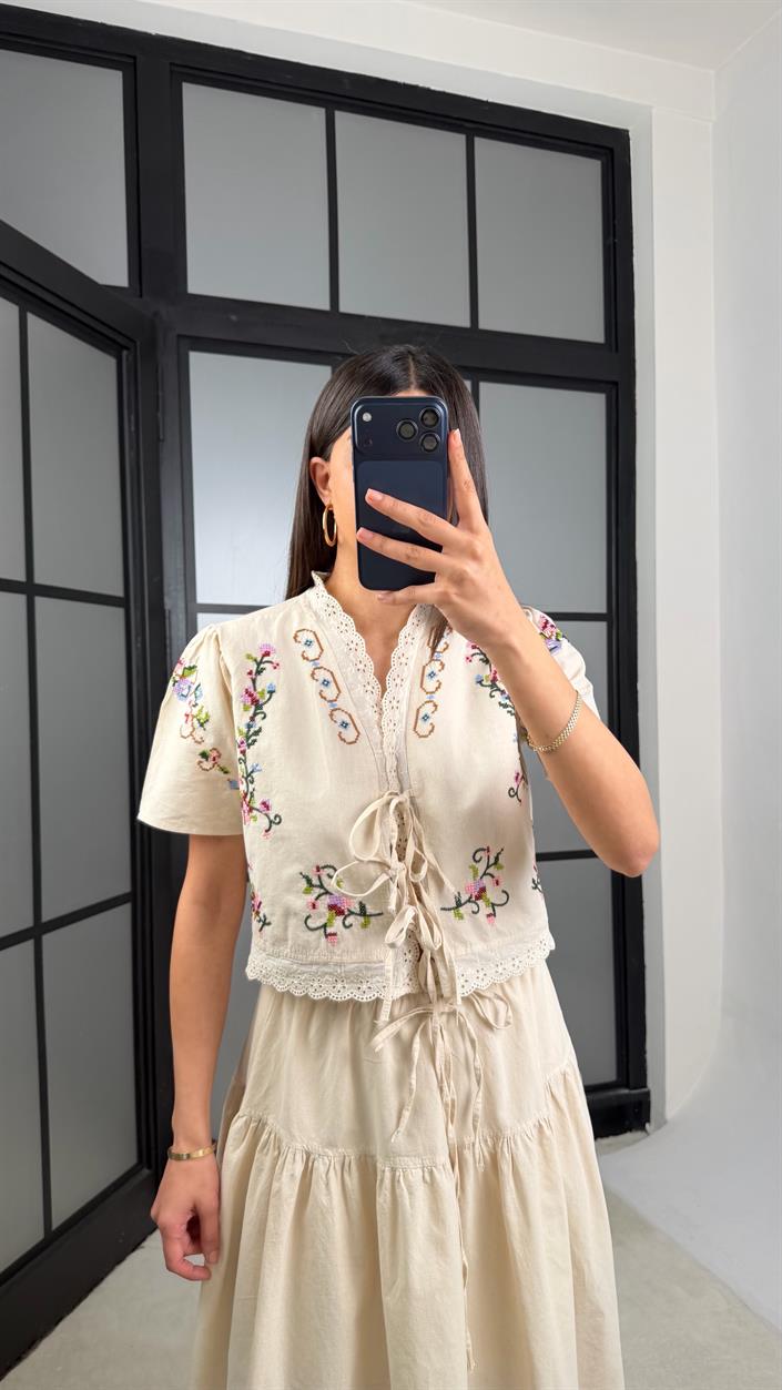 Taş Nakışlı Bluz Beli Lastikli Etek Yıkamalı Keten Takım GAUS-01365