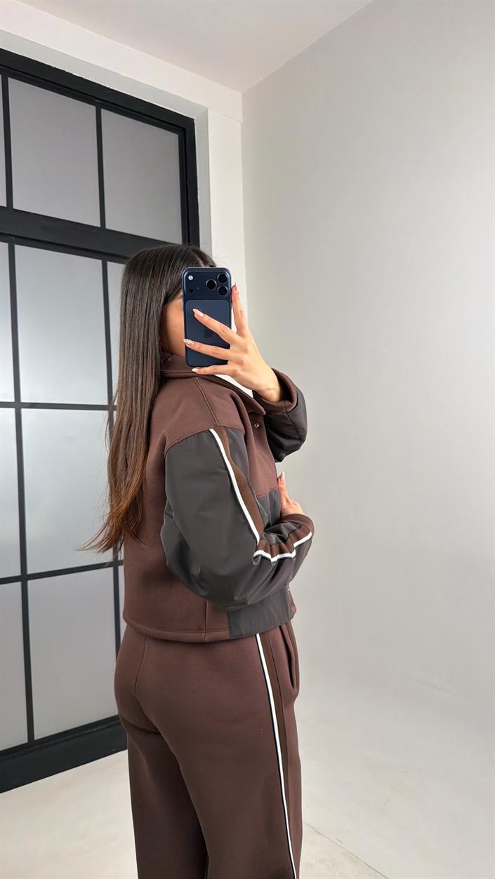 Kahve Cepli Paraşüt Detaylı Ceket Beli Lastikli Pantolon Premium Takım GAUS-00854