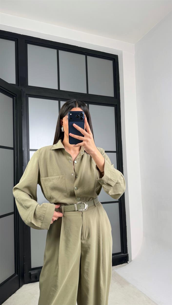 Yeşil Vatkalı Gömlek Kemerli Pantolon İkili Tencel Takım GAUS-01319