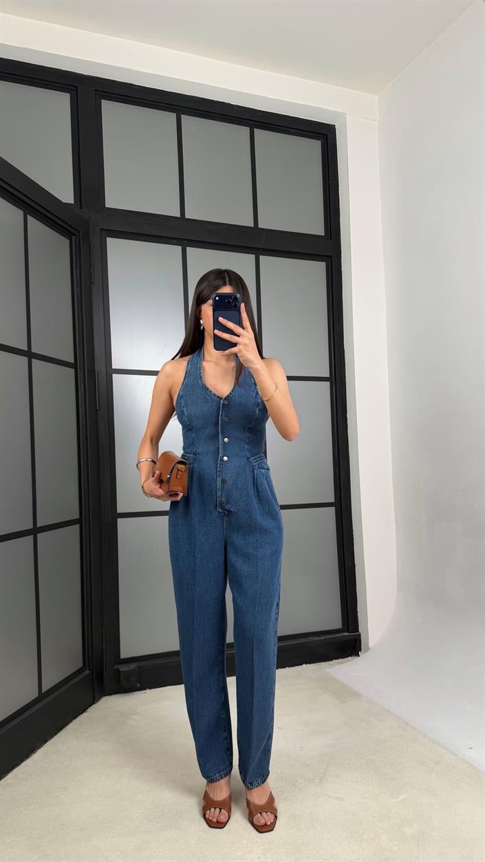 Mavi Boyundan Bağlamalı Tasarım Tencel Denim Tulum GAUS-01357