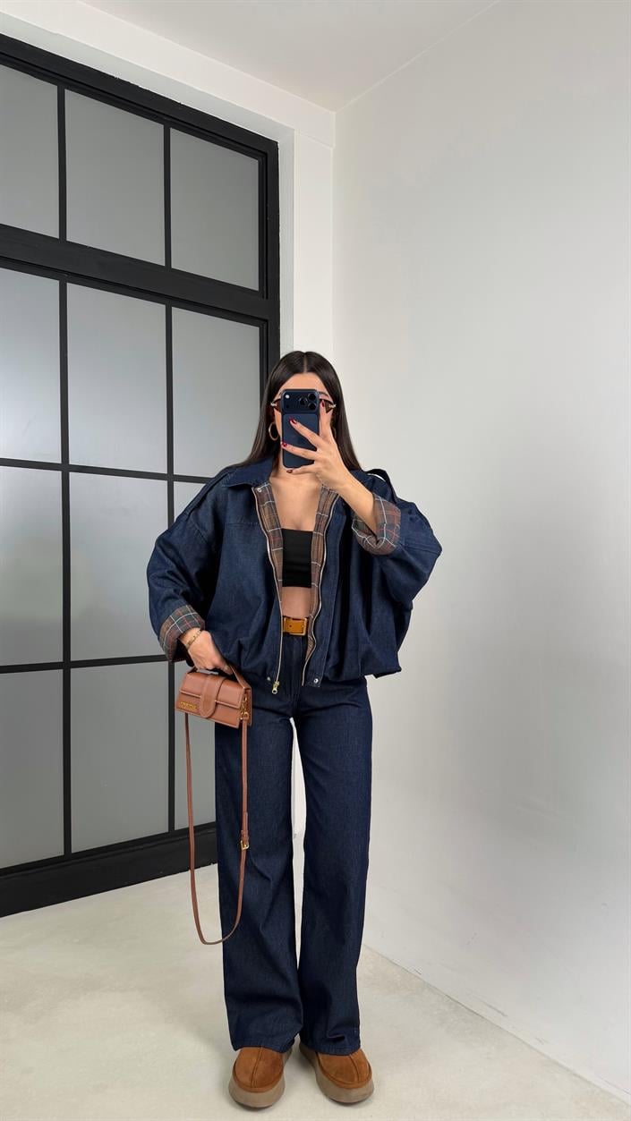 Lacivert Ekoseli Astarlı Bomber Ceket Beli Lastikli Pantolon Denim Takım GAUS-00687