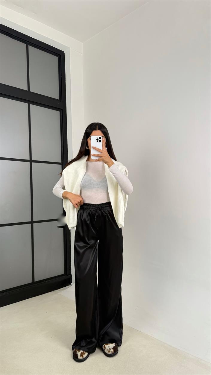 Siyah Beli Lastikli Cepli Saten Pantolon GAUS-0090
