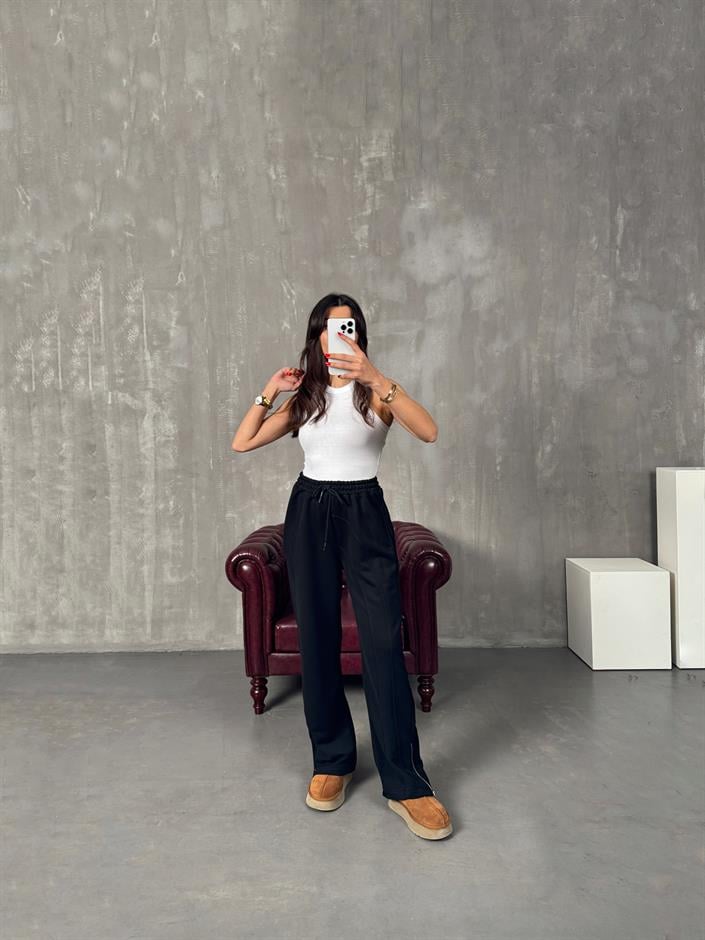 Brow Siyah Üç İplik Şardonsuz Fermuar Paçalı Eşofman Altı