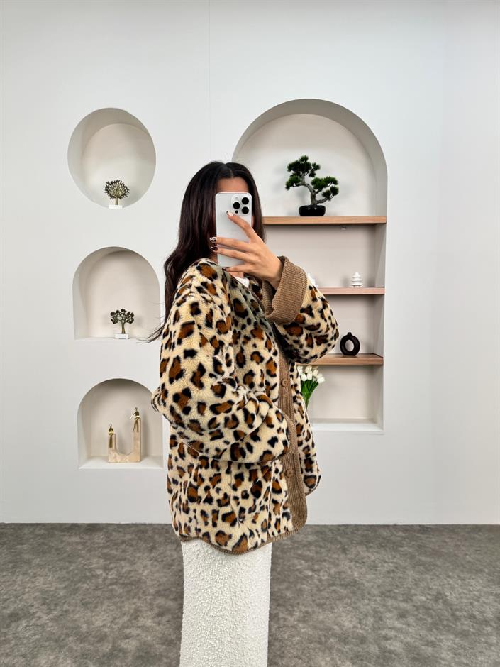Tirel Camel Leopar Desenli Peluş Tasarım Ceket