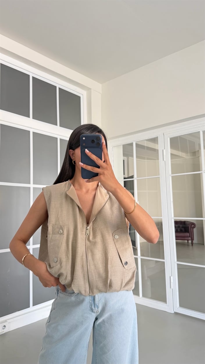 Taş Fermuarlı Astarlı Keten Yelek GAUS-01689