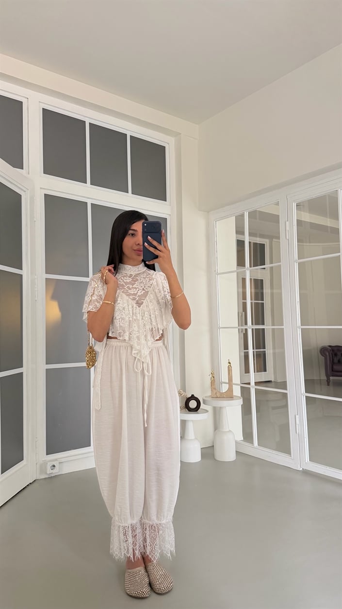Beyaz Beli Lastikli Dantel Detaylı Pinterest Şalvar GAUS-01763