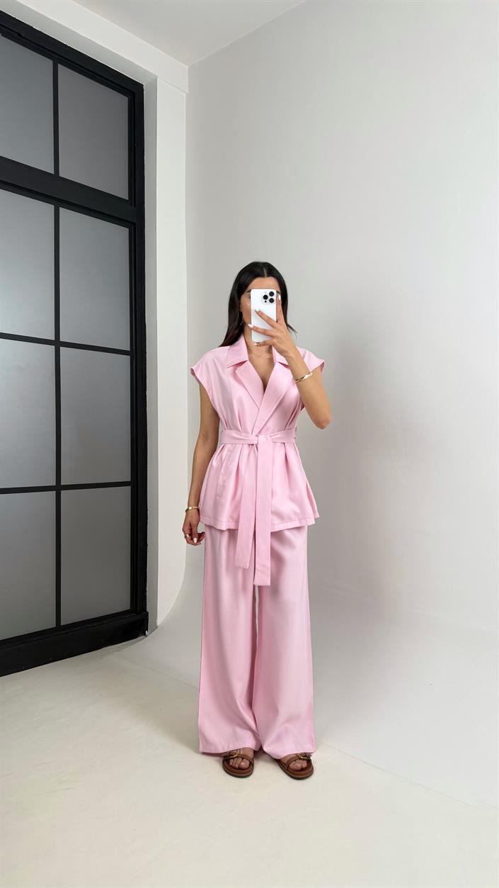 Pembe Cepli Kuşaklı Yelek Beli Lastikli Pantolon Tencel Takım Gaus00433