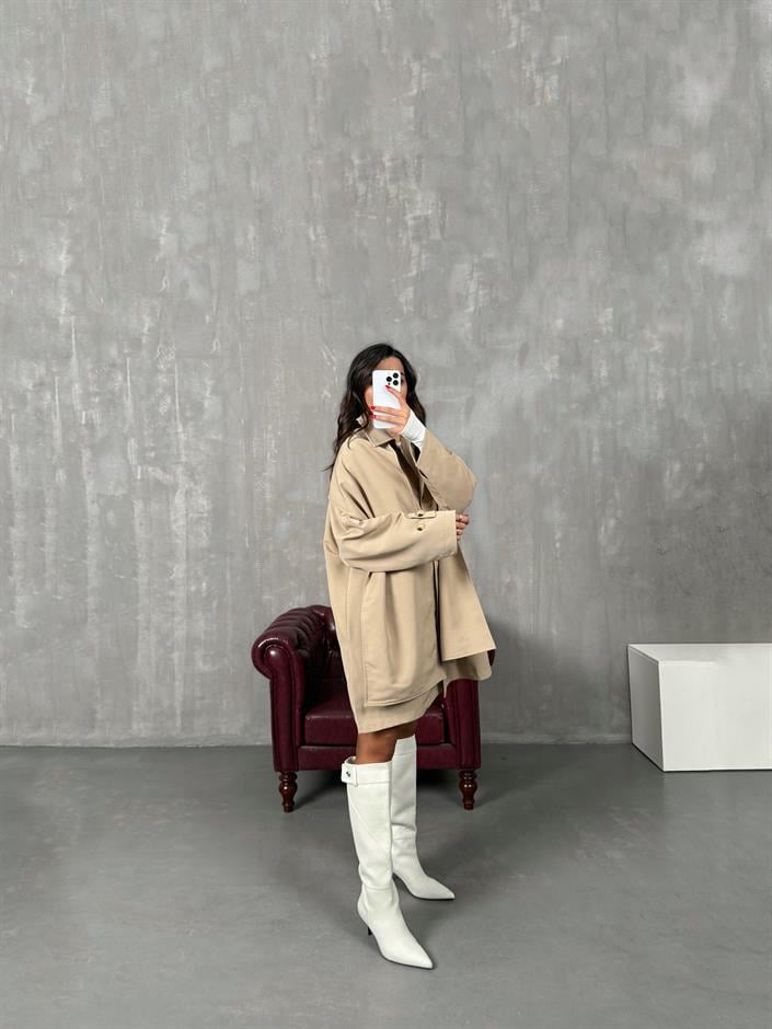 Raven Taş ORJ MD Etiketli Astarlı Atkı Detaylı Trençkot