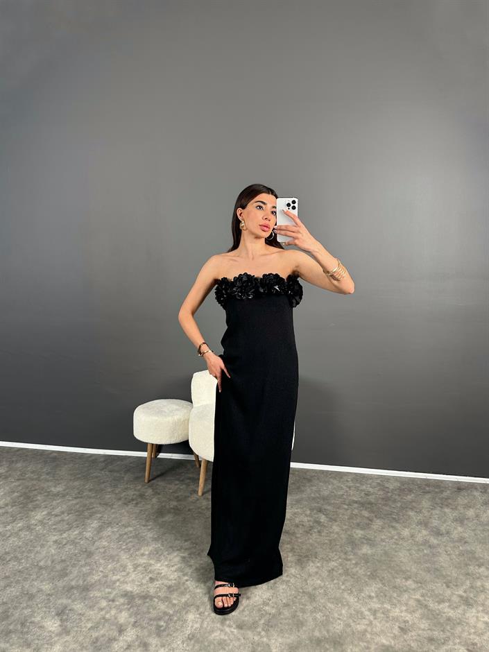 Look Siyah Gül Detaylı Straplez Astarlı Elbise