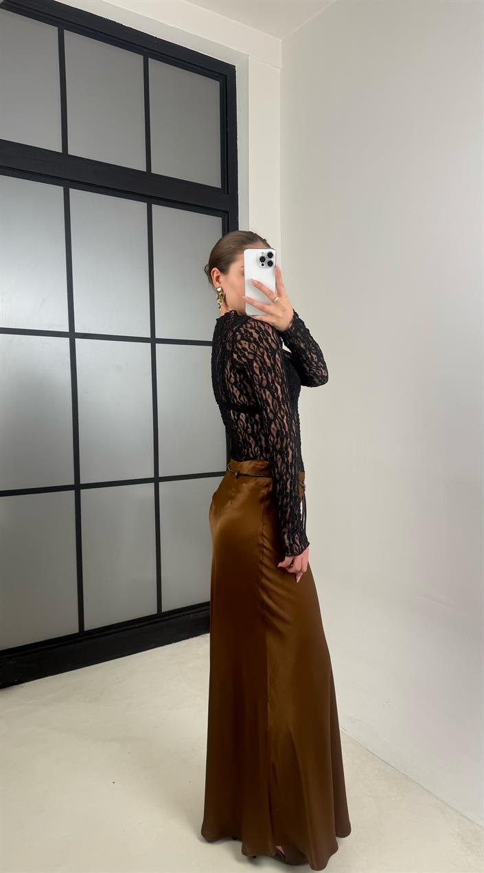 Kahve Kuşaklı Saten Etek GAUS-00167