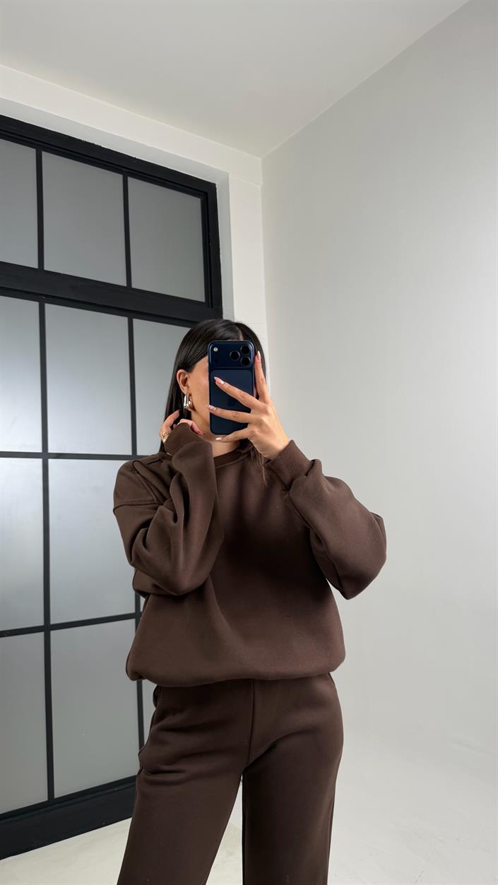 Acı Kahve 3 İplik Şardonlu ZR Model Sweatshirt Eşofman Takım GAUS-00809