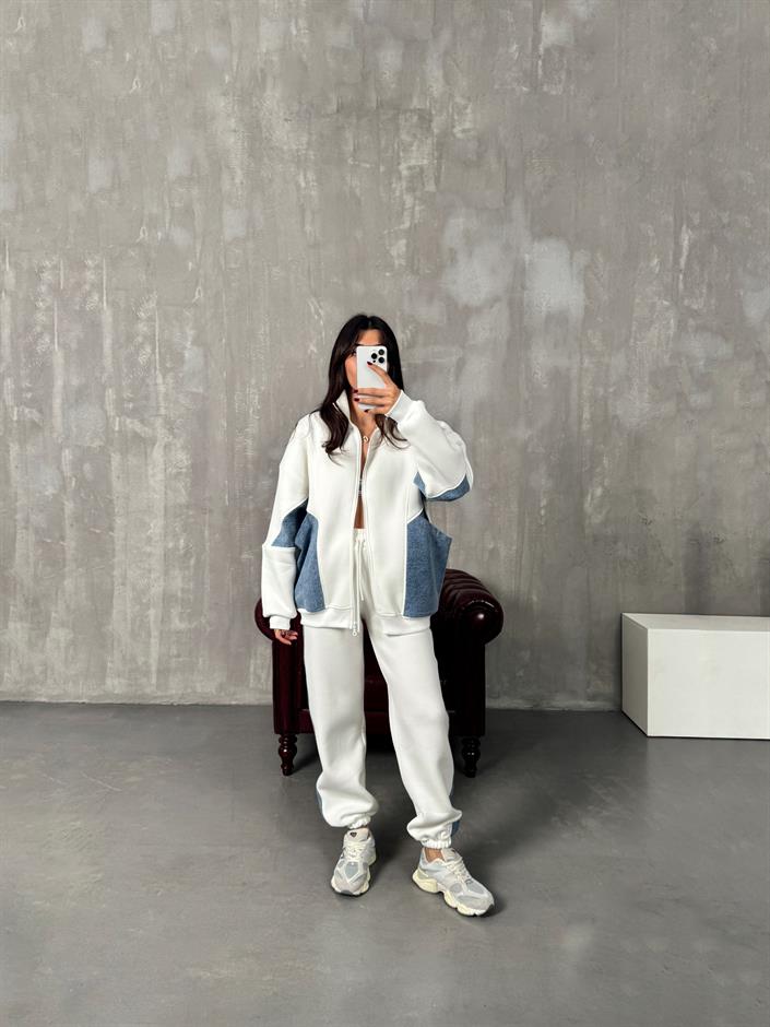 Lome Beyaz Denim Karışımlı Şardonlu Oversize Takım