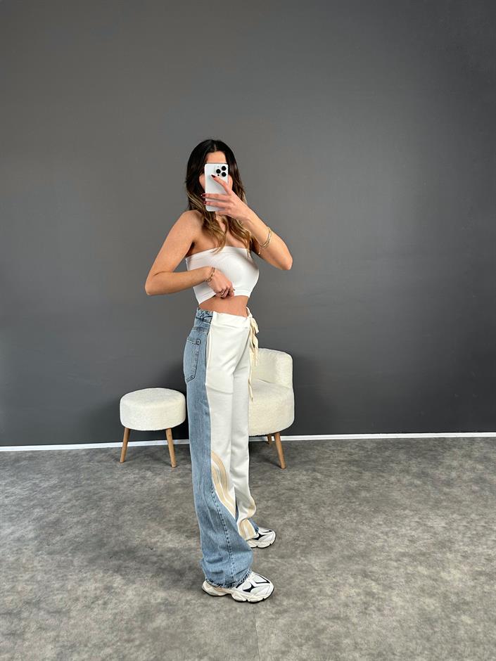 Premium Beyaz Jean Şerit Detaylı Pantolon 