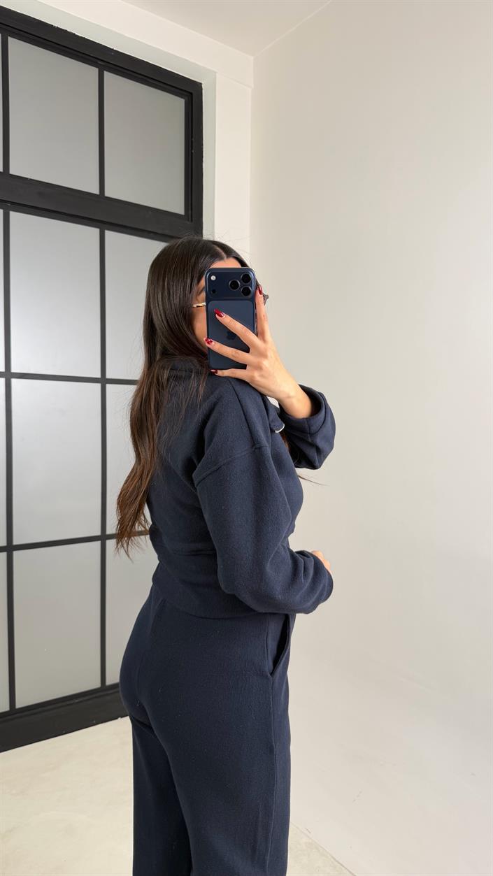 Lacivert Fermuarlı Kazak Beli Lastikli Pantolon İkili Selanik Kumaş Takım GAUS-00781