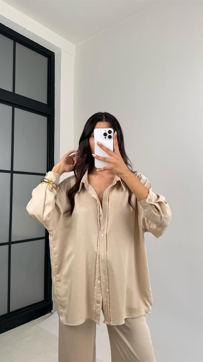 Taş Gömlek Beli Lastikli Pantolon İkili Premium Saten Takım GAUS-0074