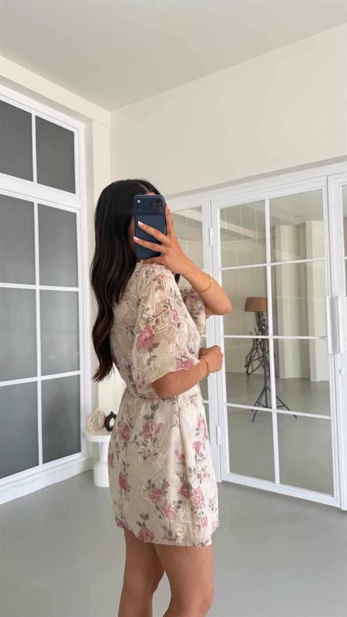 Pembe Transparan Çiçek Desenli Mini Elbise GAUS-01665