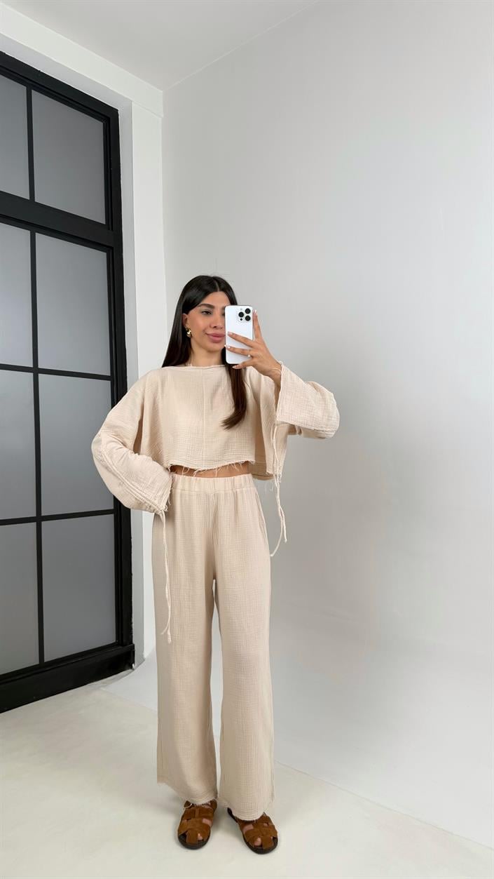 Taş Kol Büzgülü Crop Beli Lastikli Pantolon Tasarım Müslin Takım Gaus00581