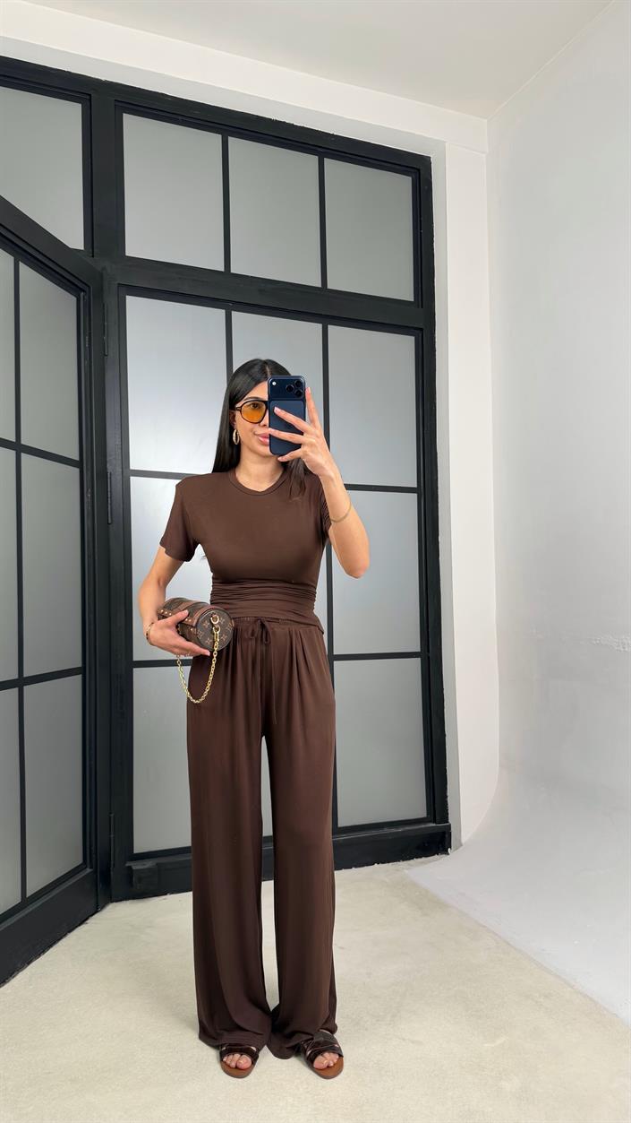 Acı Kahve Beli Ayarlanabilir Vatkalı Bluz Eşofman Takım GAUS-01404