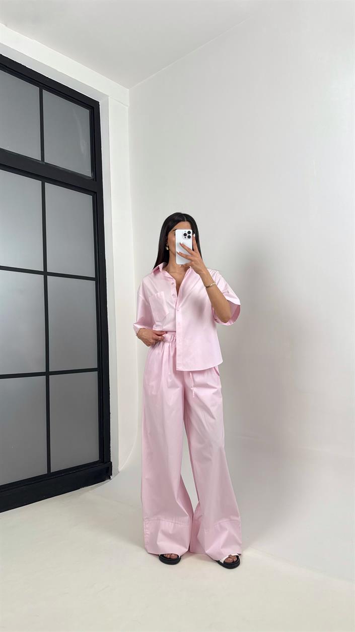 Pembe Yarım Kol Cepli Gömlek Beli Lastikli Pantolon Yarım Astarlı Pamuk Karışımlı Takım Gaus00356  