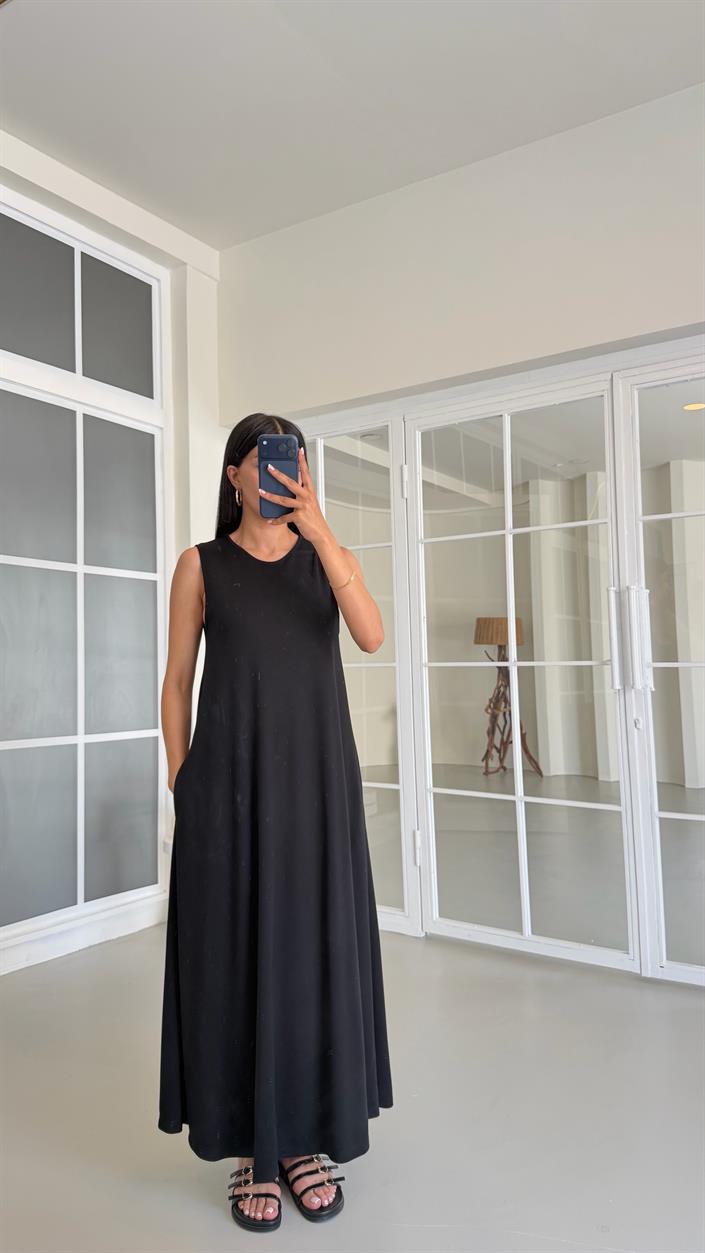 Siyah Sıfır Kol Basic Modal Elbise GAUS-01522