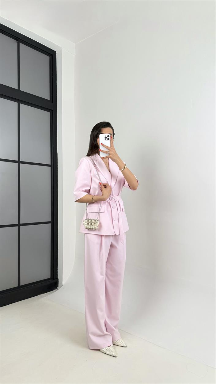 Pembe Yarım Kol Astarlı Vatkalı Kemerli Ceket Pantolon İkili Premium Takım Gaus00453