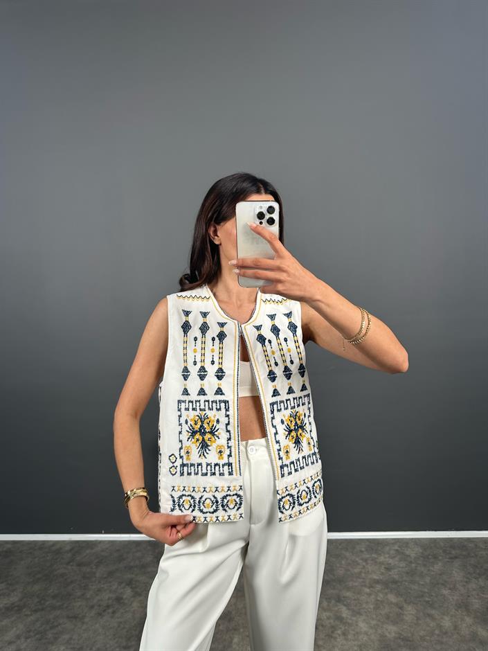 Wave Sarı Siyah Nakış İşlemeli Astarlı Beyaz Yelek