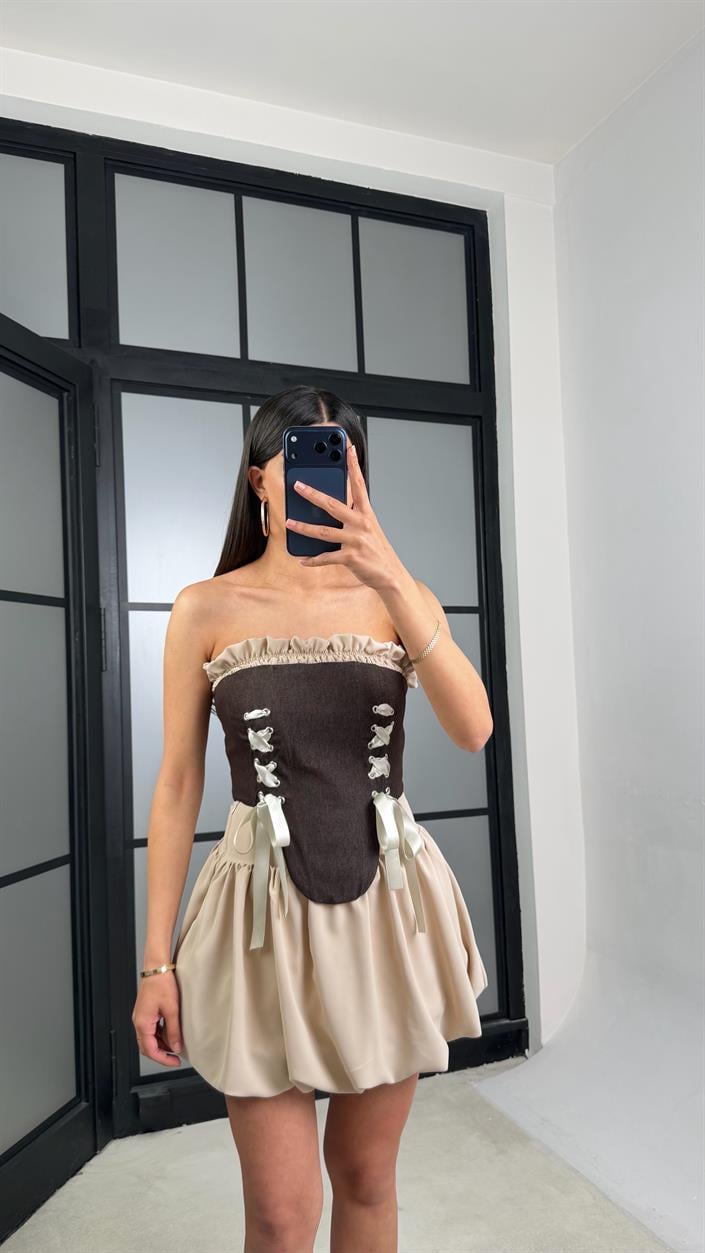 Kahve Denim Korse Şortlu Balon Etek Takım GAUS-01433